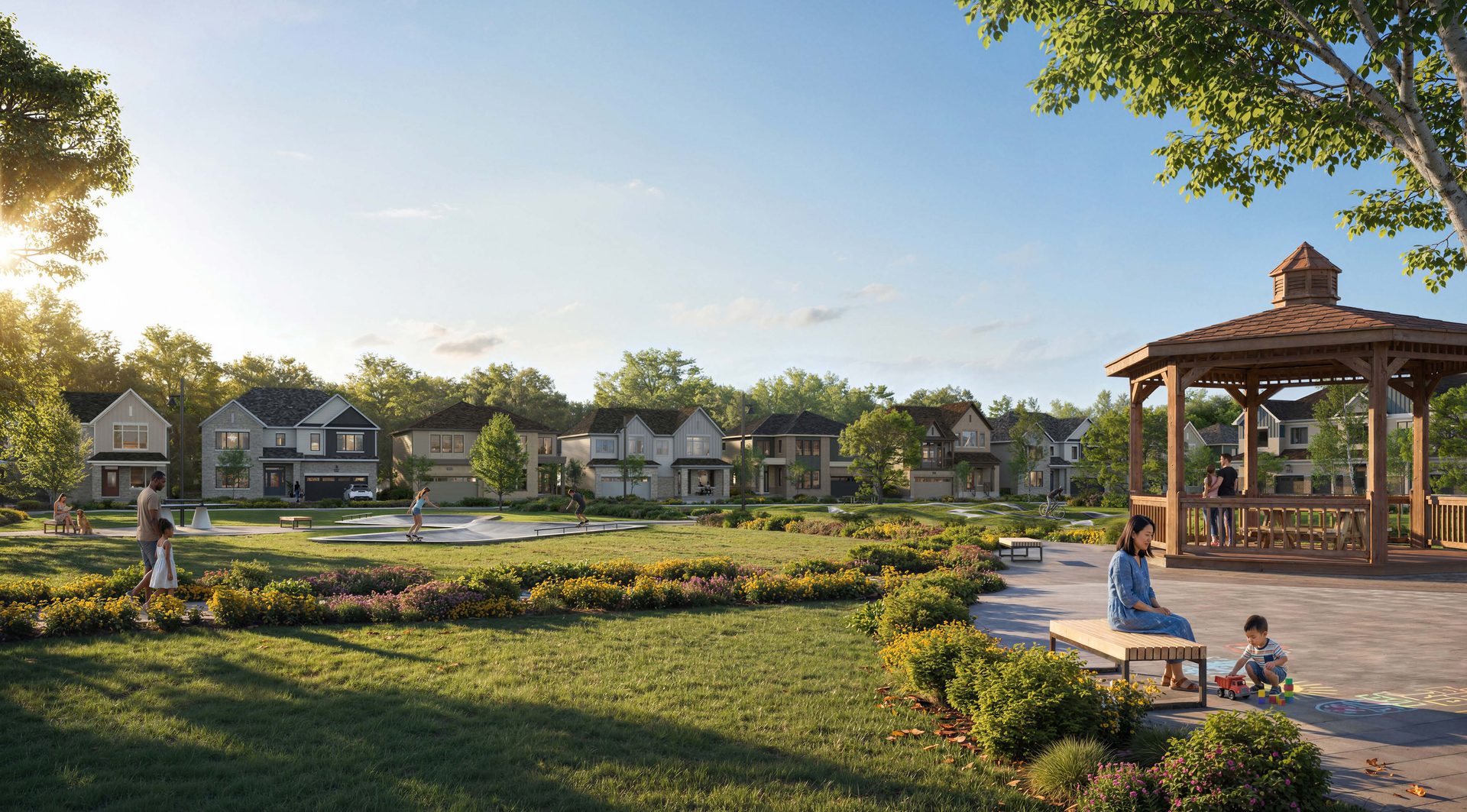 Single detached homes and park with gazebo at Magnolia Stittsville by Caivan